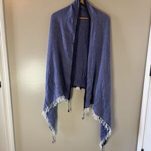 J. Crew Womens Wool Blend Shrug Poncho Blue Cardigan Fringe One Size